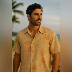 Vintage Tori Richard Silk Hawaiian Shirt XL Tan Floral Resort Vacation Coastal